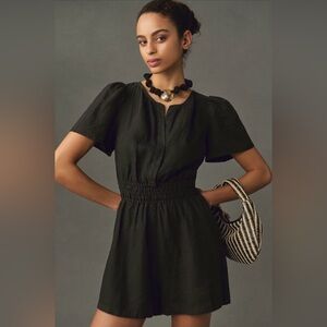 Anthropologie Washed Black Short-Sleeve Smocked-Waist Romper With Pockets